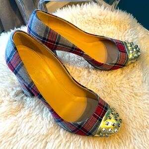 J. Crew plaid pumps with gold studded cap toe. 
Heather grey size 7 1/2